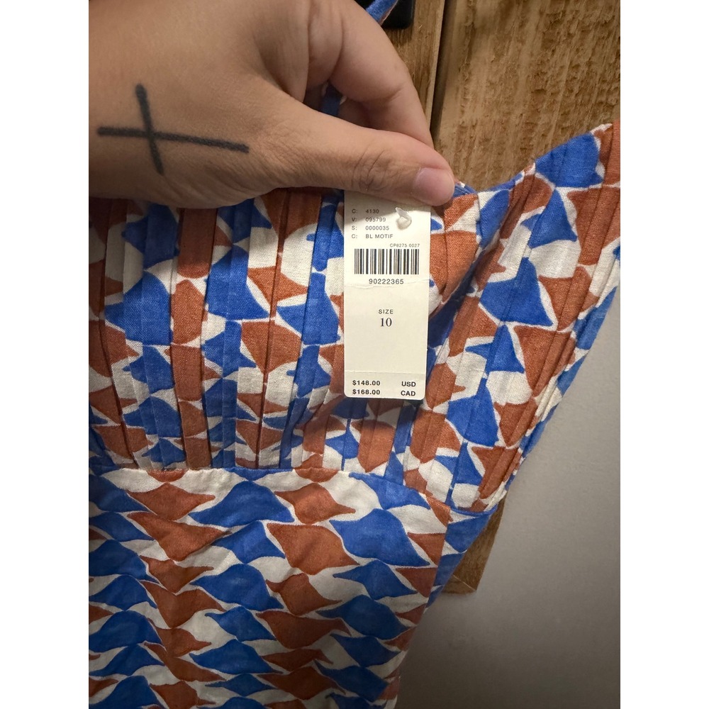 Maeve Anthropologie Ophelia Mini Dress Blue Orange Geometric Linen Blend Size 10 - Picture 10 of 11